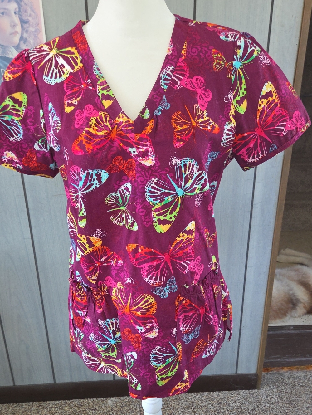 White Cross Scrubs Women’s Butterfly Print V-Neck Scrub Top in Berry